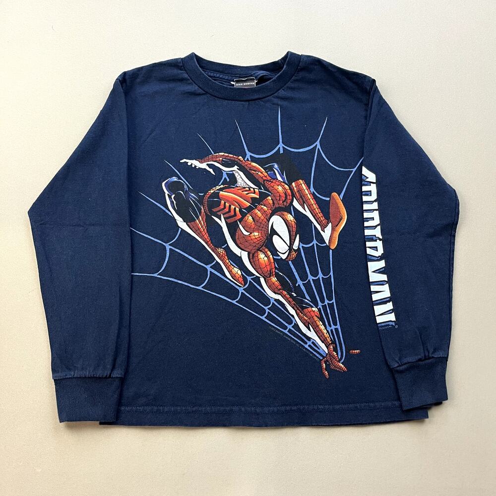 Vintage Spider-Man T-Shirt Youth Small Navy Blue Mad Engine Marvel Comics LS y2k